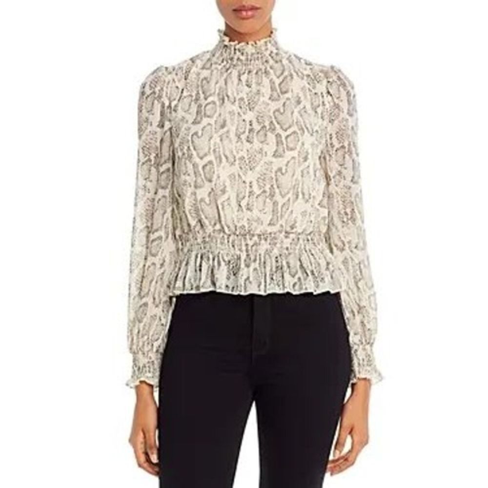 Lucy Paris Ruffled Mockneck Top Cream Python Print Size XS